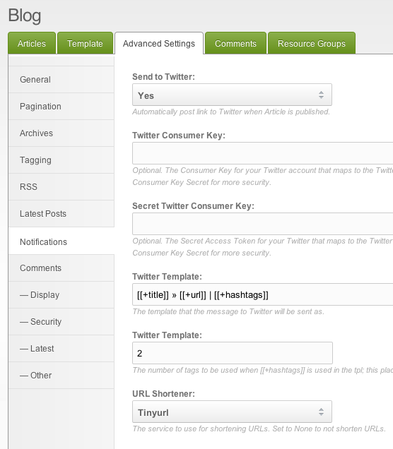 MODX Articles Settings Screenshot